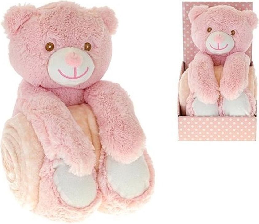 Medvídek plyšový 26cm sedící s dětskou dekou 75x75cm růžový - obrázek 1