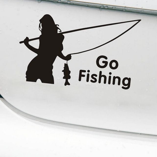 Dudlu Nálepka na auto - sexy žena s prutem Go Fishing - černá - obrázek 3
