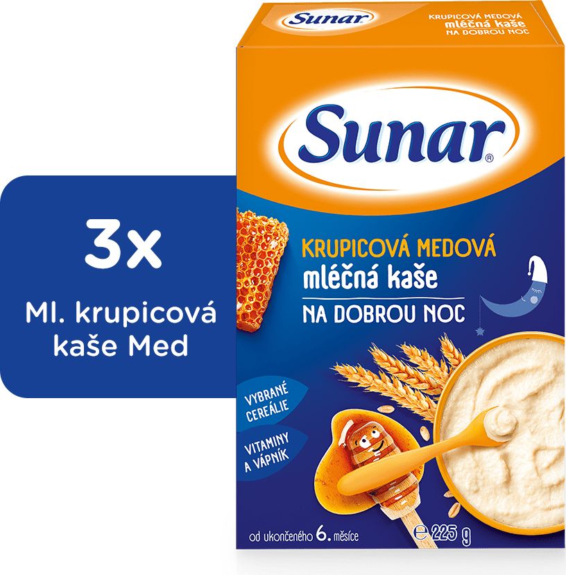 Sunar krupicová medová kaše na dobrou noc mléčná (3x225g) - obrázek 1