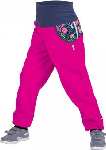 Unuo Dívčí softshellové kalhoty s fleecem Květinky Fuchsie 104/110 růžové - obrázek 1