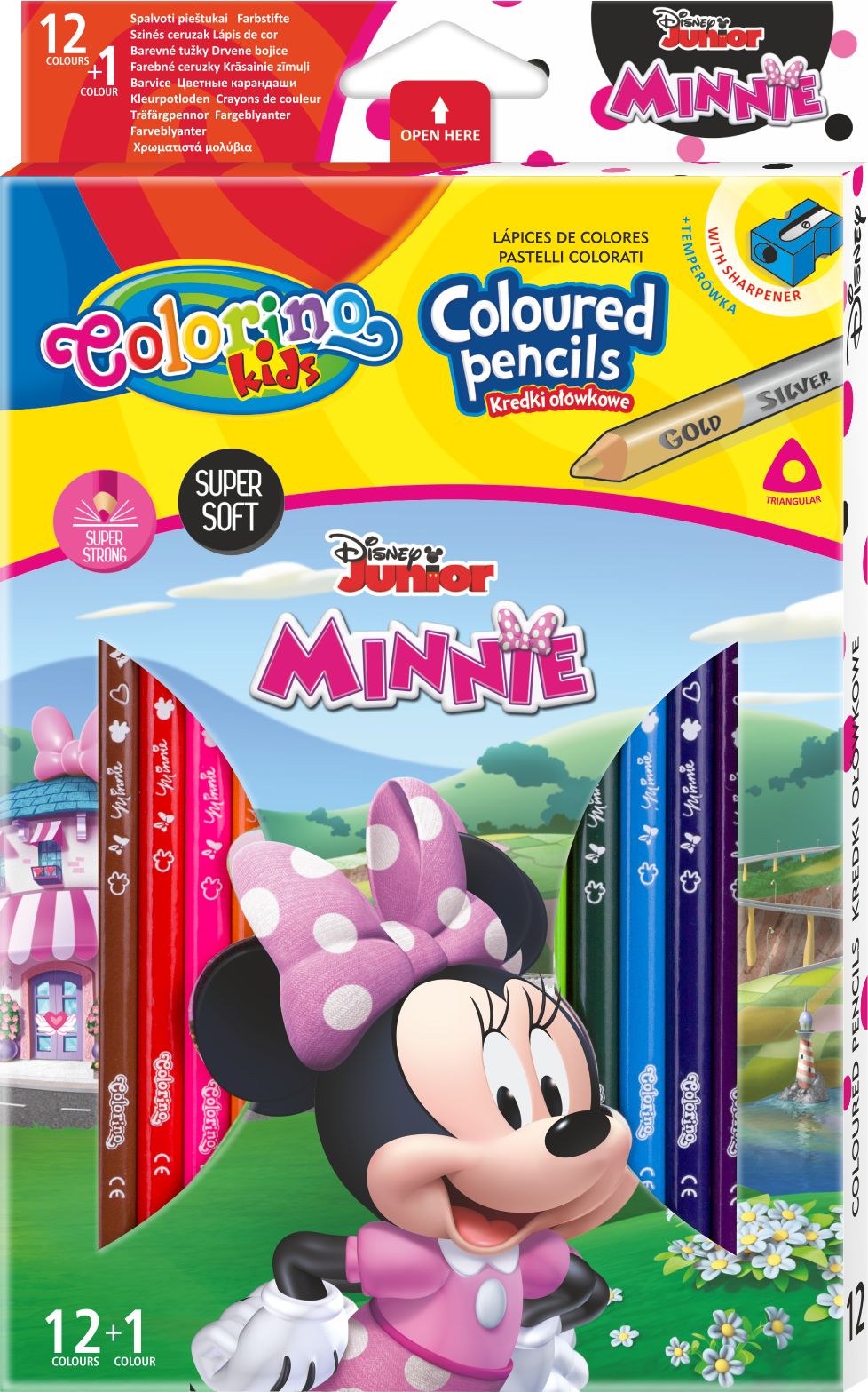 Colorino Disney Junior Minnie pastelky trojhranné s ořezávátkem 12 barev + oboustr. stříbrná/zlatá - obrázek 1