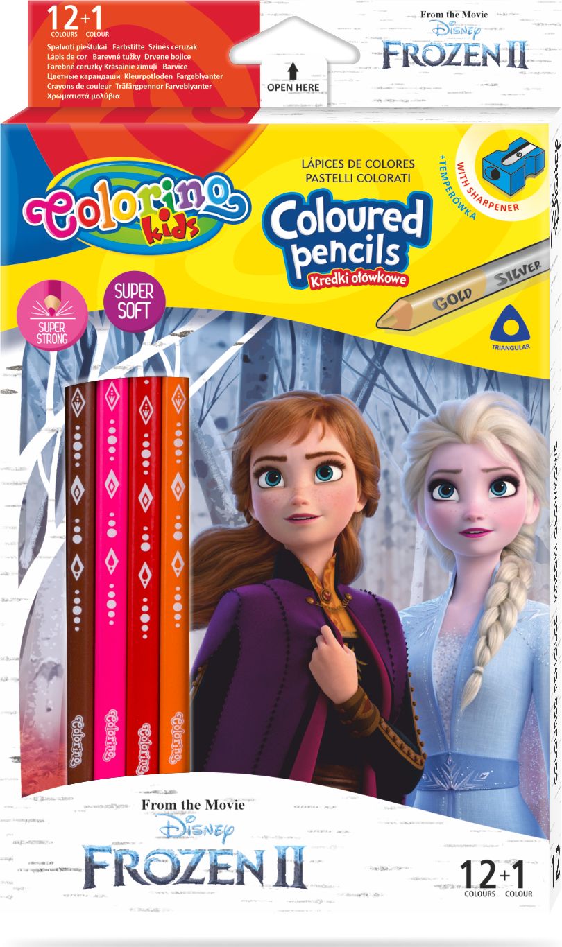 Colorino Disney Frozen pastelky trojhranné s ořezávátkem 12 barev + oboustr. stříbrná/zlatá - obrázek 1