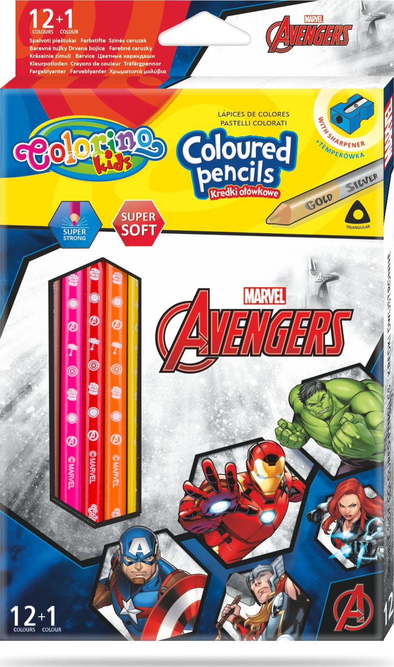 Colorino Marvel Avengers pastelky trojhranné s ořezávátkem 12 barev + oboustr. stříbrná/zlatá - obrázek 1