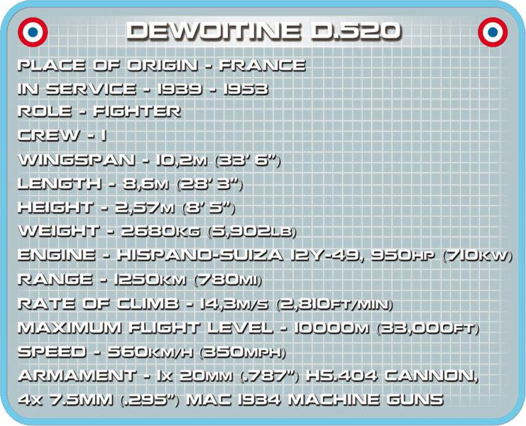 COBI 5720 World War II Francouzský stíhací letoun Dewoitine D.520 - obrázek 9
