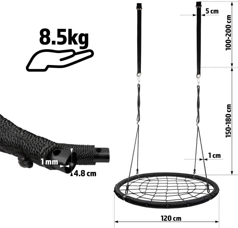 Physionics Houpačka ve tvaru kruhu, síť, 120 cm, černá - obrázek 7