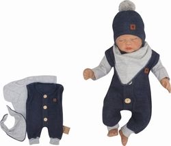 Souprava kojenecká 3-dílná - PLETENÉ DUPAČKY S KNOFLÍKY šedo-jeans - vel.56 - obrázek 1