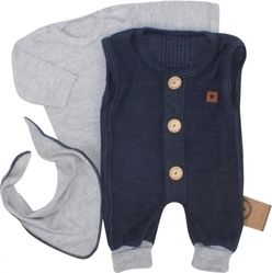 Souprava kojenecká 3-dílná - PLETENÉ DUPAČKY S KNOFLÍKY šedo-jeans - vel.56 - obrázek 2