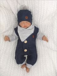 Souprava kojenecká 3-dílná - PLETENÉ DUPAČKY S KNOFLÍKY šedo-jeans - vel.56 - obrázek 3
