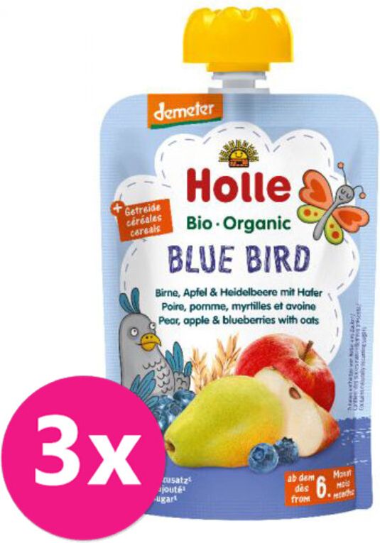 3x HOLLE Blue Bird Bio pyré hruška jablko borůvky vločky 100 g (6+) - obrázek 1