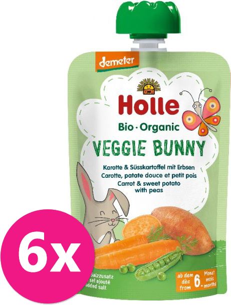 6x HOLLE Veggie Bunny Bio pyré mrkev, batáty a hrášek, 100 g (6 m+) - obrázek 1