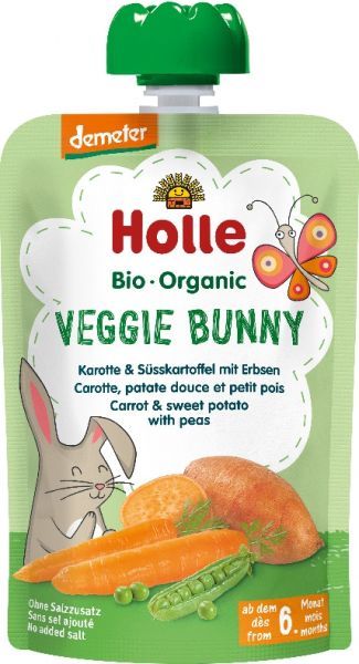 6x HOLLE Veggie Bunny Bio pyré mrkev, batáty a hrášek, 100 g (6 m+) - obrázek 2