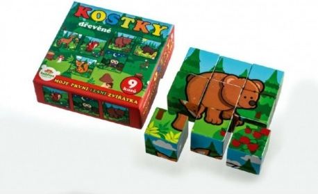 Kostky kubus dřevěné Moje první zvířátka lesní dřevo 9x9x3cm 9ks v krab.11x11x6cm od