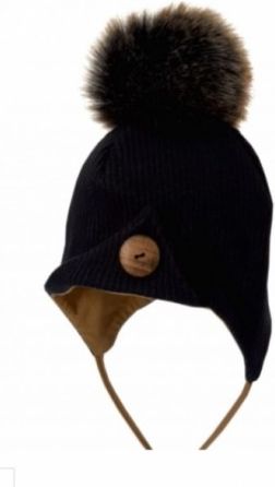 Bexa Zimní čepice na zavazování s bambulí + šátek - černá/hnědá, Velikost koj. oblečení 62-68 (3-6m) - obrázek 1