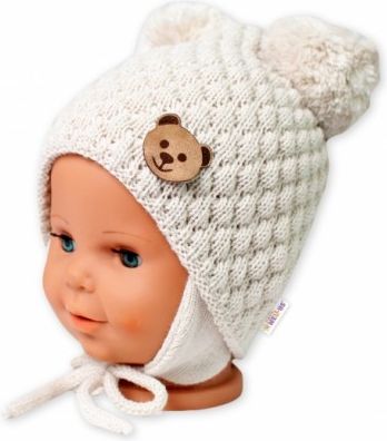 BABY NELLYS Zimní pletená čepice Teddy Bear na zavazování, ecru, béžová, Velikost koj. oblečení 68-80 (6-12m) - obrázek 1