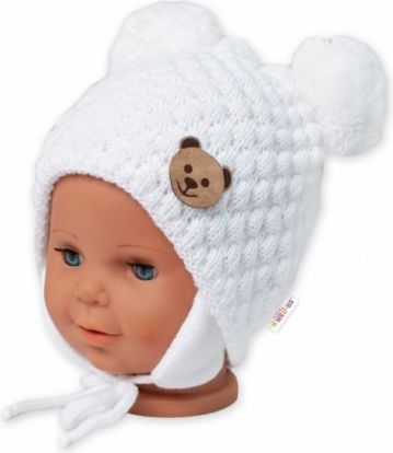 BABY NELLYS Zimní pletená čepice Teddy Bear na zavazování, bílá, Velikost koj. oblečení 56-68 (0-6 m) - obrázek 1