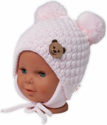 BABY NELLYS Zimní pletená čepice Teddy Bear na zavazování, růžová, Velikost koj. oblečení 56-68 (0-6 m) - obrázek 1