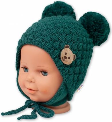 BABY NELLYS Zimní pletená čepice Teddy Bear na zavazování, zelená, Velikost koj. oblečení 56-68 (0-6 m) - obrázek 1