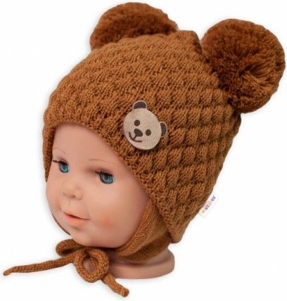 BABY NELLYS Zimní pletená čepice Teddy Bear na zavazování, hnědá, Velikost koj. oblečení 56-68 (0-6 m) - obrázek 1
