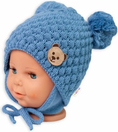 BABY NELLYS Zimní pletená čepice Teddy Bear na zavazování, modrá, Velikost koj. oblečení 56-68 (0-6 m) - obrázek 1