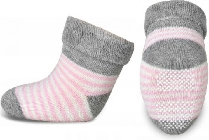 RiSocks Kojenecké froté ponožky, Risocks protiskluzové, proužky - šedá/růžová/bílá - obrázek 1