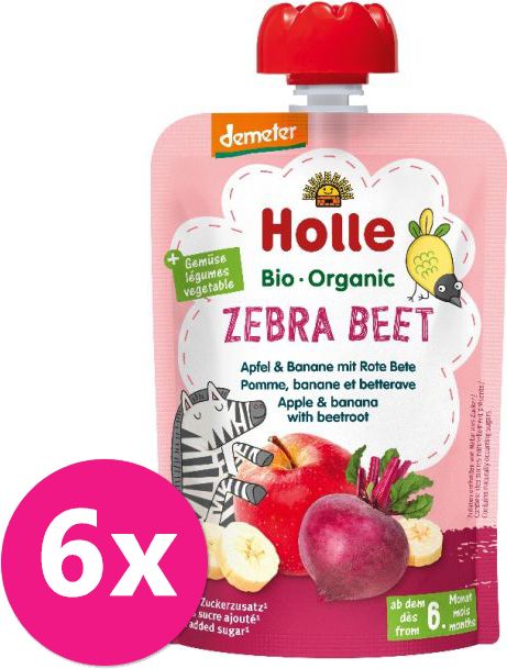 6x HOLLE Zebra Beet Bio ovocné pyré jablko, banán a červená řepa, 100 g (6 m+) - obrázek 1