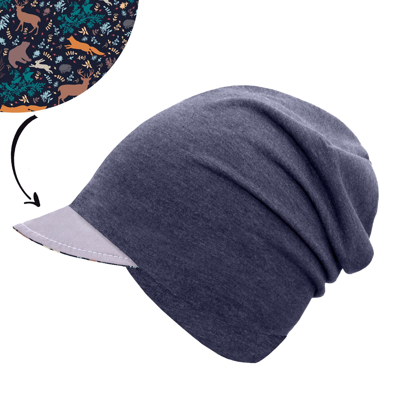 Unuo, Dětská čepice z teplákoviny s reflexním kšiltem spadená, Jeans temný, Noční zvířátka Velikost: S - obrázek 1