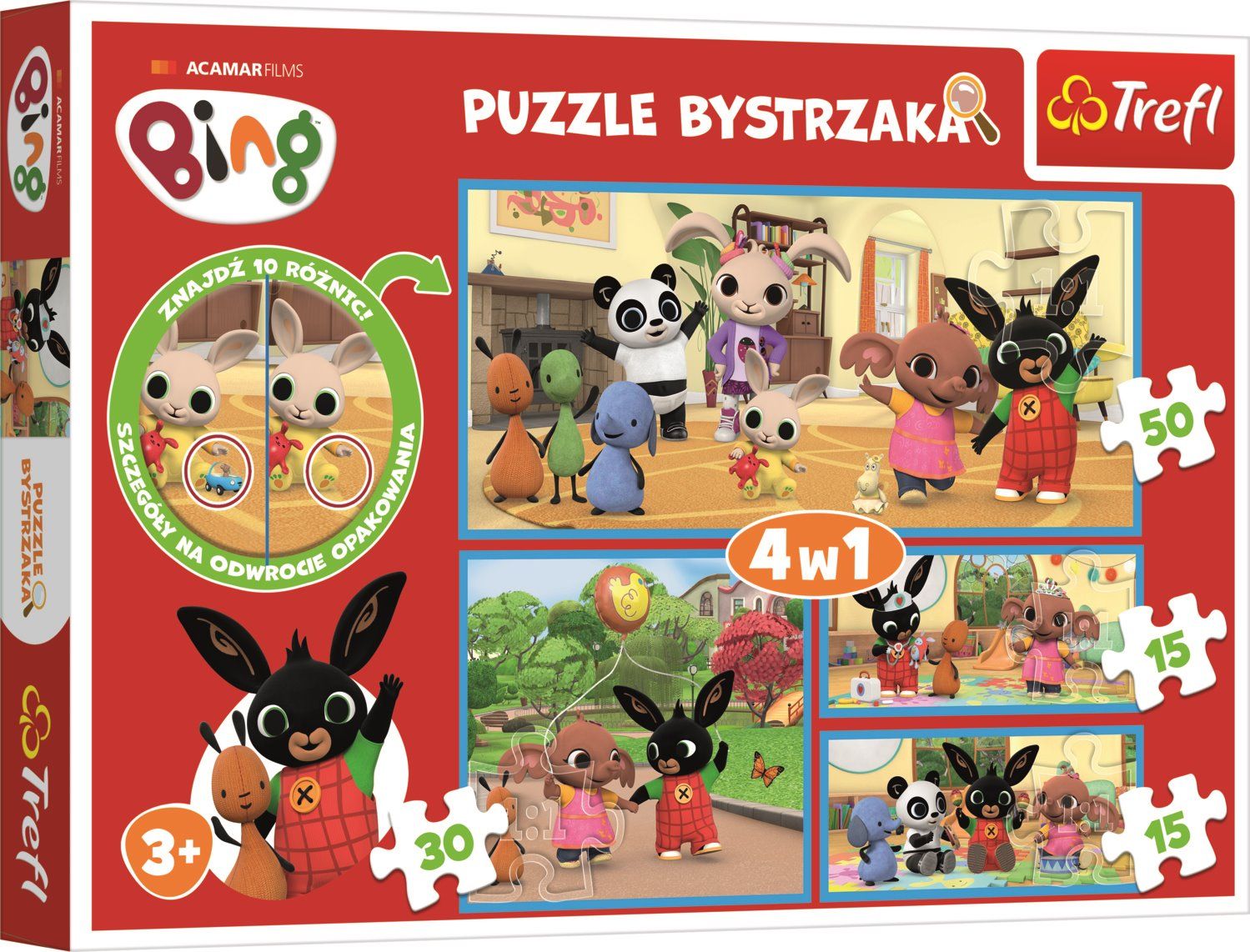 TREFL Puzzle s hledáním rozdílů Králíček Bing 4v1 (15,15,30,50 dílků) - obrázek 1