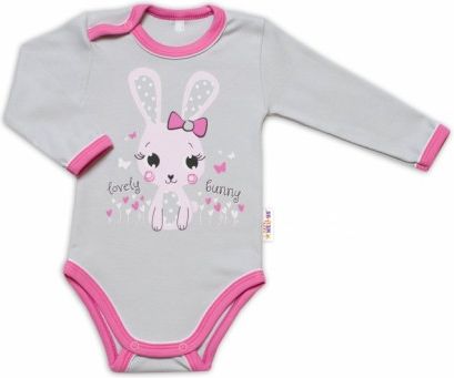 Baby Nellys Kojenecké body, dl. rukáv, Lovely Bunny - šedé/růžové, Velikost koj. oblečení 74 (6-9m) - obrázek 1