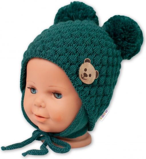 Baby Nellys BABY NELLYS Zimní pletená čepice Teddy Bear na zavazování, zelená - obrázek 1