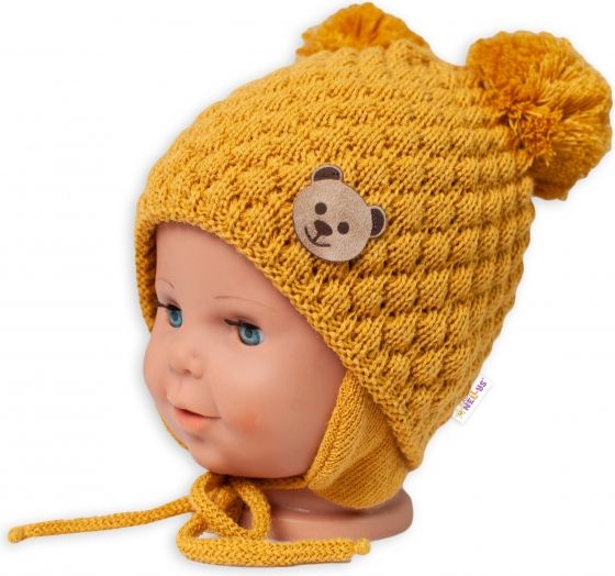 Baby Nellys BABY NELLYS Zimní pletená čepice Teddy Bear na zavazování, hořčicová - obrázek 1