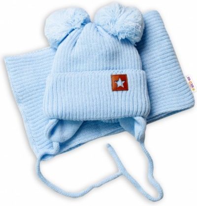 BABY NELLYS Zimní čepice s šálou STAR - modrá s bambulkami, Velikost koj. oblečení 56-68 (0-6 m) - obrázek 1