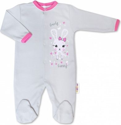Baby Nellys Bavlněný kojenecký overal Lovely Bunny - šedý/růžový, Velikost koj. oblečení 74 (6-9m) - obrázek 1