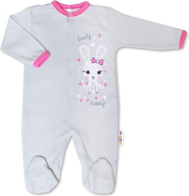 Baby Nellys Bavlněný kojenecký overal Lovely Bunny - šedý/růžový - obrázek 1