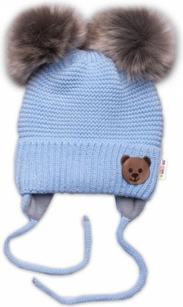 BABY NELLYS Zimní čepice s fleecem Teddy Bear - chlupáčk. bambulky - sv. modrá, šedá - obrázek 1