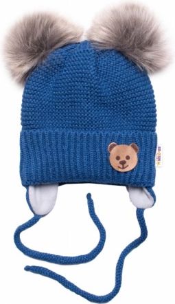 BABY NELLYS Zimní čepice s fleecem Teddy Bear - chlupáčk. bambulky - tm. modrá, šedá - obrázek 1