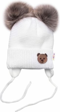 BABY NELLYS Zimní čepice s fleecem Teddy Bear - chlupáčk. bambulky - bílá, šedá - obrázek 1