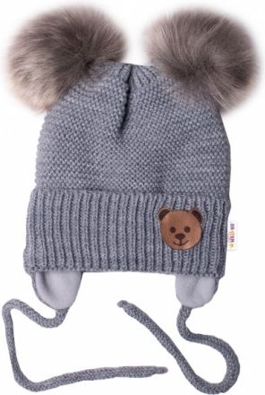 BABY NELLYS Zimní čepice s fleecem Teddy Bear - chlupáčk. bambulky - tm. šedá, šedá - obrázek 1