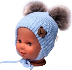 Čepice zimní pletená chlupáčkové bambulky - TEDDY BEAR modrá - vel.56-68 - obrázek 2