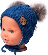 Čepice zimní pletená chlupáčkové bambulky - TEDDY BEAR tmavě modrá - vel.56-68 - obrázek 2
