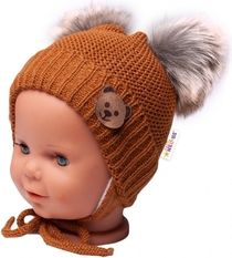 Čepice zimní pletená chlupáčkové bambulky - TEDDY BEAR hnědá - vel.56-68 - obrázek 2