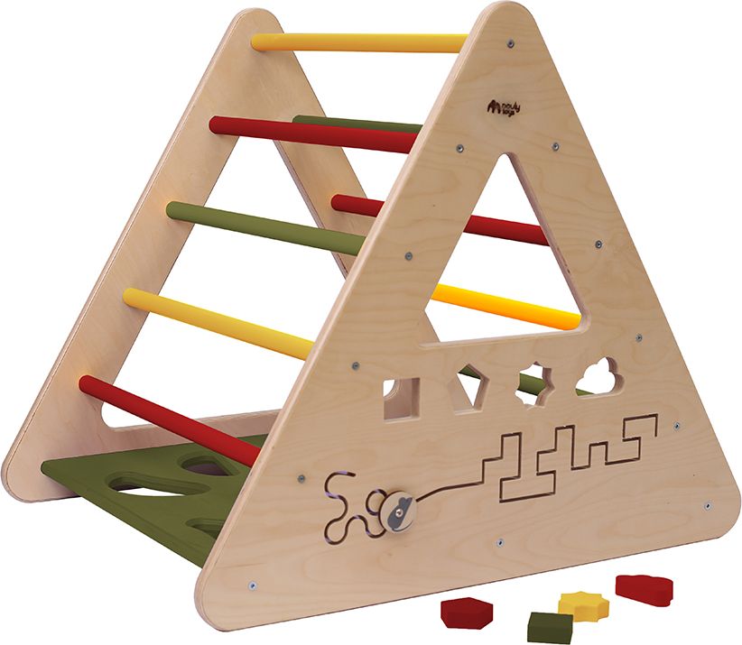Nouly Toys Montessori Piklerové trojúhelník s activity board stěnou HP-PMT-03 zelená-žlutá-červená - obrázek 2