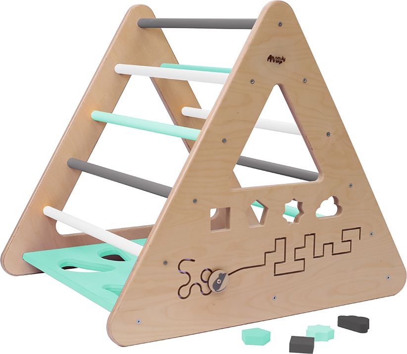 Nouly Toys Montessori Piklerové trojúhelník s activity board stěnou HP-PMT-04 mentolová-bílá-šedá - obrázek 2
