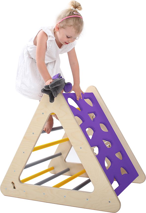 Nouly Toys Montessori Piklerové trojúhelník s activity board stěnou HP-PMT-05 fialová-žlutá-šedá - obrázek 1