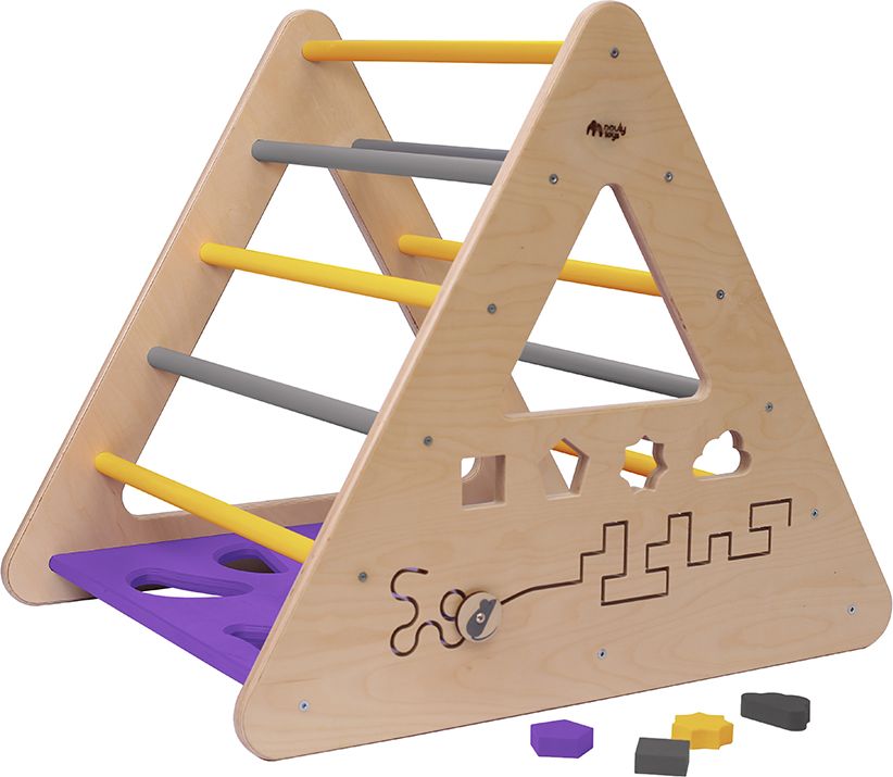 Nouly Toys Montessori Piklerové trojúhelník s activity board stěnou HP-PMT-05 fialová-žlutá-šedá - obrázek 2