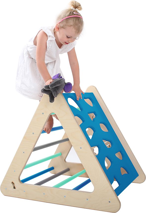 Nouly Toys Montessori Piklerové trojúhelník s activity board stěnou HP-PMT-07 mentolová-sv.modrá-šedá - obrázek 1
