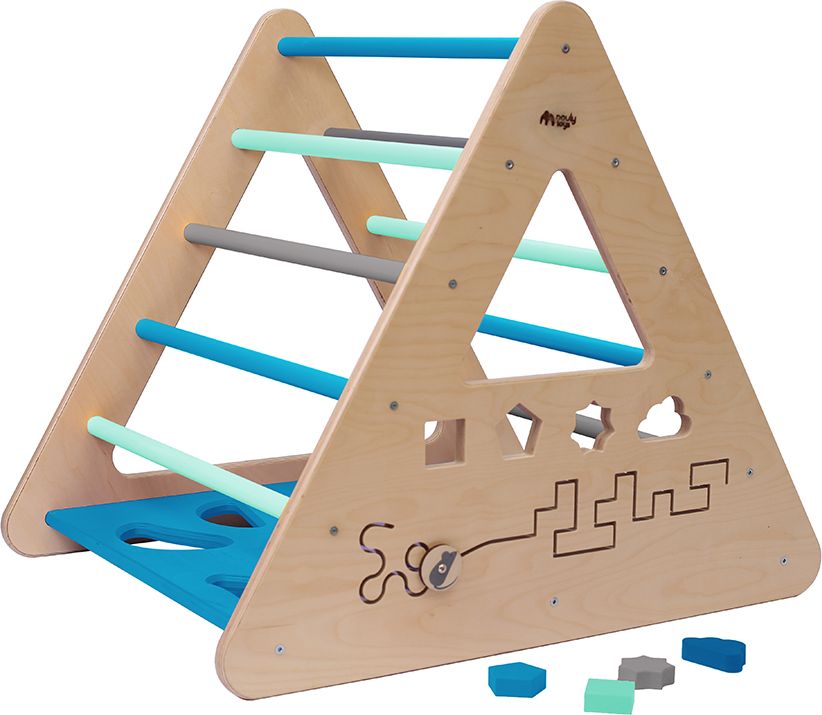 Nouly Toys Montessori Piklerové trojúhelník s activity board stěnou HP-PMT-07 mentolová-sv.modrá-šedá - obrázek 2