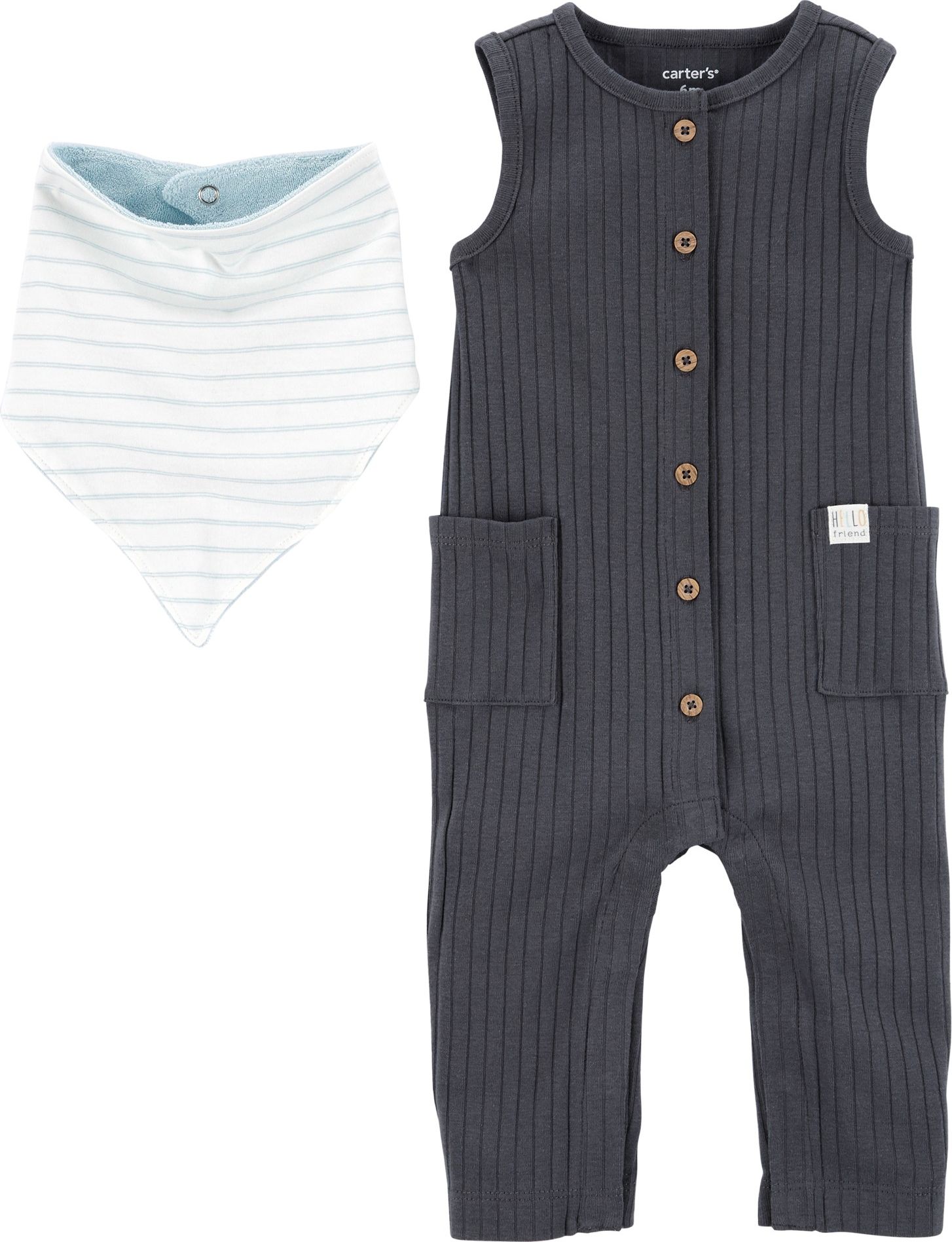 CARTER'S Set 2dílný overal bez rukávů, bryndáček Charcoal chlapec LBB 3m, vel. 62 - obrázek 2