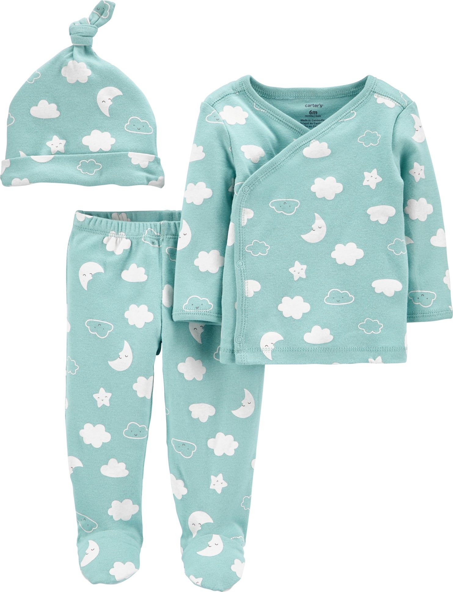 CARTER'S Set 3dílný polodupačky, tričko dl. rukáv zavinovací, čepice Blue Clouds neutrál LBB NB, vel - obrázek 1
