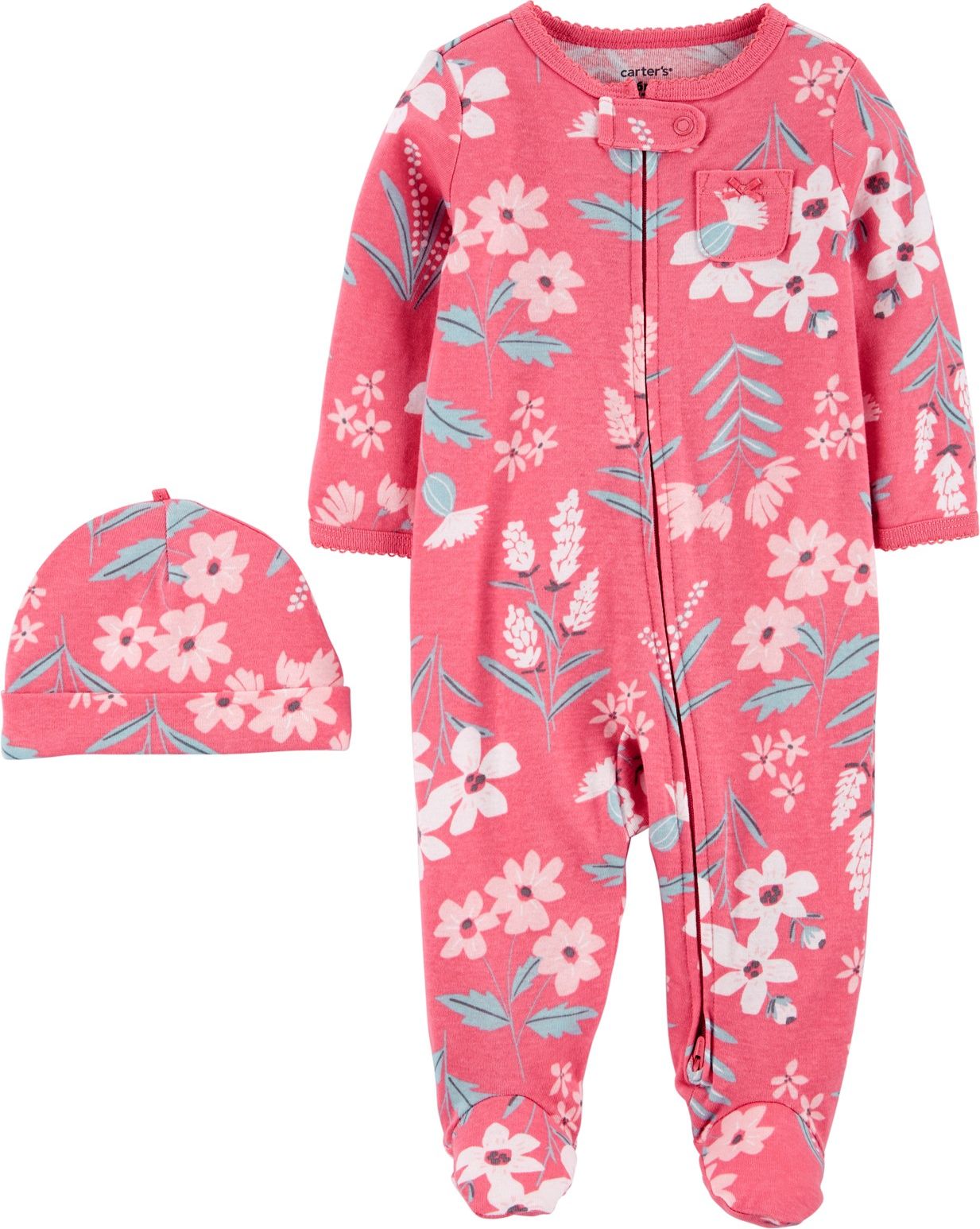 CARTER'S Set 2dílný overal na zip Sleep&Plays, čepice Flowers dívka LBB NB, vel. 56 - obrázek 1