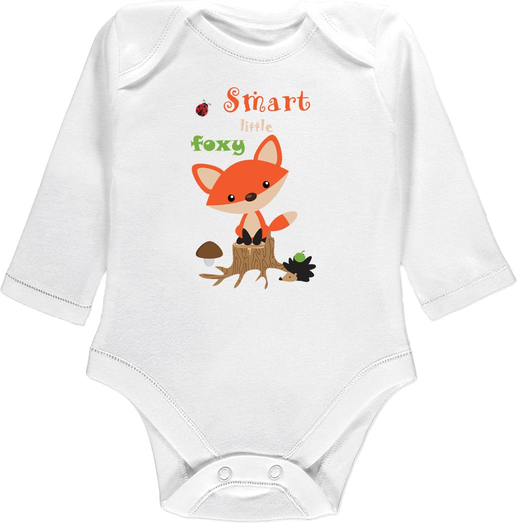 Kojenecké body Ellie Bee, krátký nebo dlouhý rukáv, barva bílá, motiv "Smart little foxy" Velikost: 0 - 3 měsíce (56 - 62cm), Rukáv: dlouhý - obrázek 1